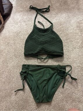 Xhiliration Dark Green Crochet Halter Bikini Set Sz Sm